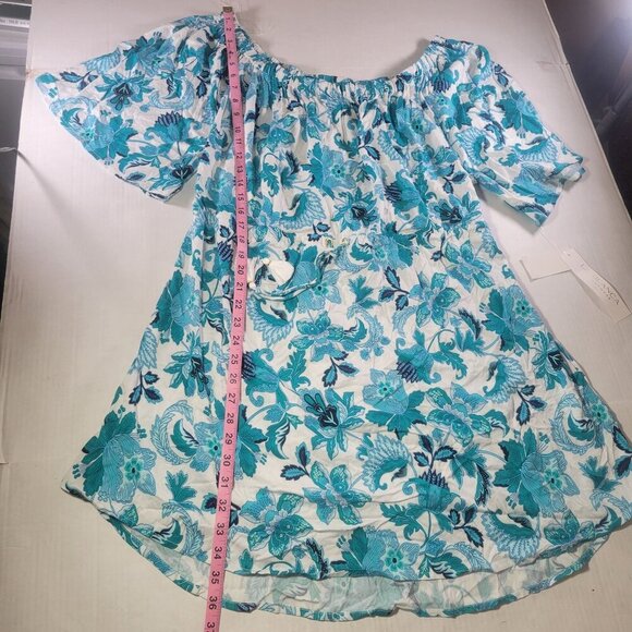 La Blanca Womens Off-Shoulder Floral Tunic Dress XL Rayon/Elastane White & Blue - Picture 2 of 9